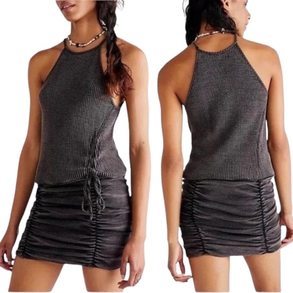 Free People FP One Charcoal Gray Katya Bodycon Ruched Thermal Ribbed Dress M - Picture 3 of 16